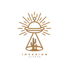 Vintage outline UFO spaceship with cactus in desert western logo design badge