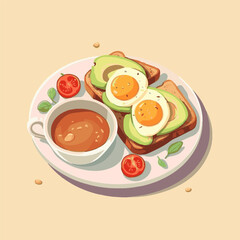 breakfast, toast with avocado and tomato, vector, generated AI. 