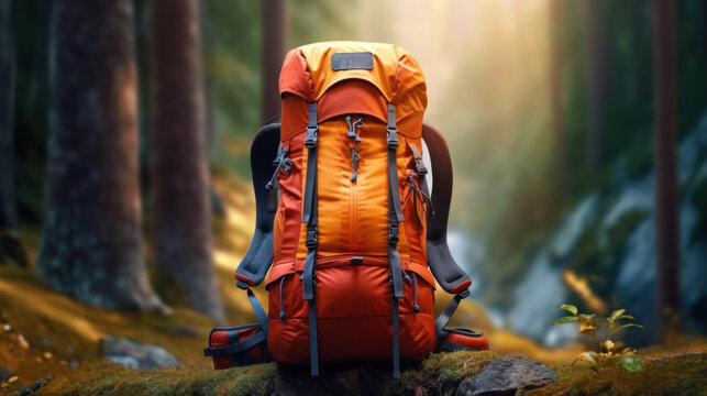  Large hiking and trekking backpacks The background image is a mountain forest. wide-angle lens realistic lighting
