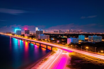 Fototapeta premium Synthwave inspired highway and city. Generated AI