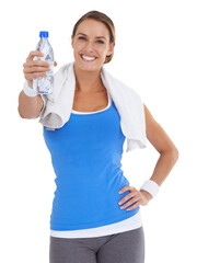 Woman, show and water bottle for fitness, happy and portrait with hydration and health isolated on transparent png background. Mineral drink, wellness and female person with towel, workout with h2o