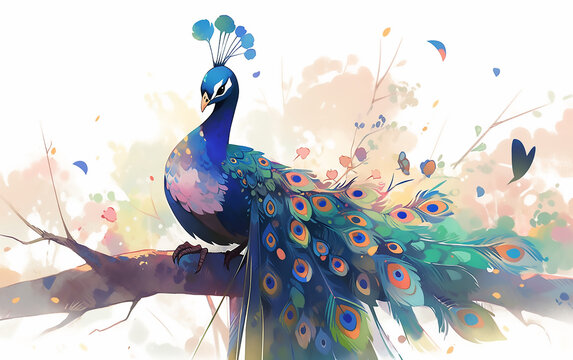 Abstract cartoon cute peacock illustration. Generative AI technology.