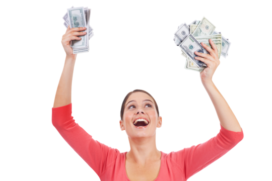 Finance, woman celebrating with money and happy isolated against a transparent png background. Winner or casino success, achievement or investment and female person with celebration for cash - Powered by Adobe