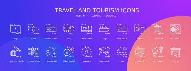 Travel and tourism icon collection with black outline style. set, beach, sign, symbol, holiday, passport, car. Vector Illustration