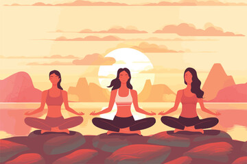 three girls doing in a sunrise illustration, international yoga day, yoga day banner