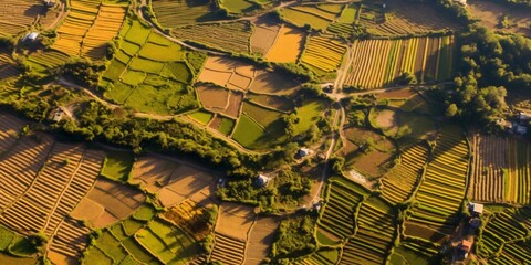 ecosystem with healthy farming method, aerial view of fields with diverse crop growth based on principle of permaculture and polyculture, fictional landscape created with generative ai