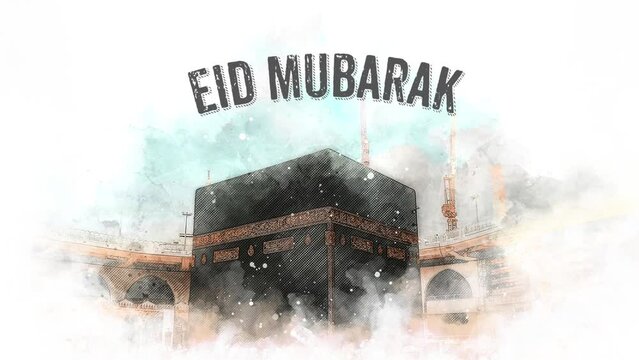 Eid mubarak greeting animation with beautiful watercolor sketch of kaaba as background. Great for video celebration of Eid Al Fitr and Adha in Muslim community.