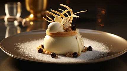 ice cream dessert plate with fresh ingredients served on restaurant or cafe table background for delicious food dessert theme