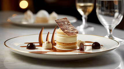 ice cream dessert plate with fresh ingredients served on restaurant or cafe table background for delicious food dessert theme