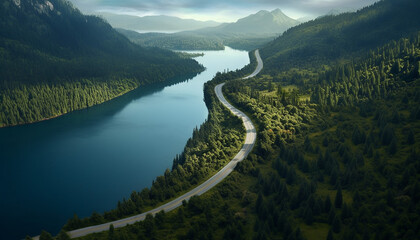 Lake, road and forest in the morning with mountains, Generative AI illustration