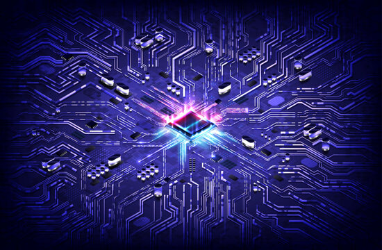 Abstract hardware and software background. Circuit board, Chip processor, Mainboard and code programmer. Hi-tech computer engineer. Cyberpunk tech and database coding. Blue and red neon light effect