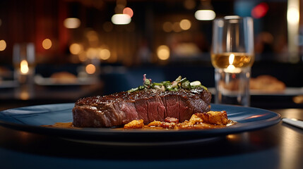 steak grilled with fresh ingredients well flavor on beautiful plate, served on restaurant table background for meals, dinner, lunch for delicious food theme