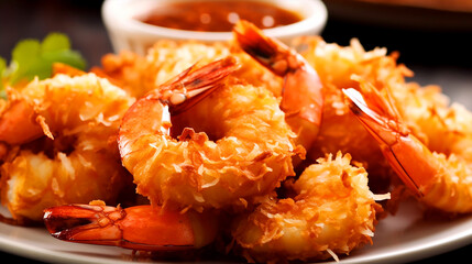  fried shrimp on a platter with hot sauce - obrazy, fototapety, plakaty