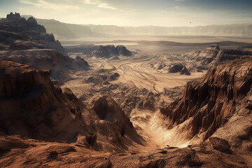 Brown mountains and desert on mars, created with Generative AI technology.
