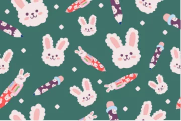 Poster Kawaii Back to school stationery Seamless Pattern Background. Cute Hand drawn Office supply Perfect Kids Apparel Doodle Cartoon Preschool Children Learning Wrapping Textile Graphic Print Vector © Papilouz Studio
