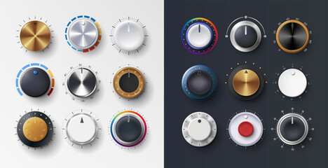 Volume knob. Switch button. Audio dashboard tumblers with stereo control scales. Realistic radio levels tuners. Amplifier or mixer. Recorder regulators. Vector exact dial elements set