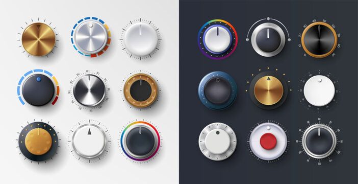 Volume knob. Switch button. Audio dashboard tumblers with stereo control scales. Realistic radio levels tuners. Amplifier or mixer. Recorder regulators. Vector exact dial elements set