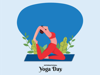 Illustration of Young Woman in Yoga Pose and Leaves on Blue Background for International Yoga Day.