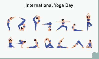 Fototapeta na wymiar Character of Women's Set in Different Yoga Pose for International Yoga Day.