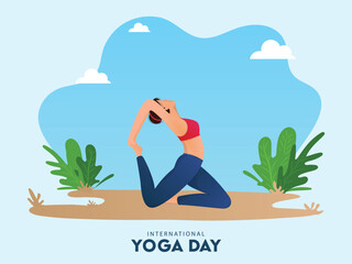 Illustration of Young Woman in Yoga Pose on Abstract Blue and Green Background for International Yoga Day.