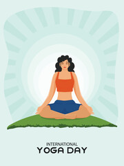 International Yoga Day Concept, Beautiful Young Woman Meditating in Lotus Pose on Cyan Rays Background.
