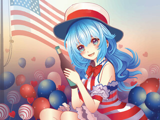 Obraz na płótnie Canvas Smiling American Girl Wearing Top Hat and Holding Champagne Bottle Against USA Flagpole and Colourful Balloon Decoration Background for Celebration Concept.