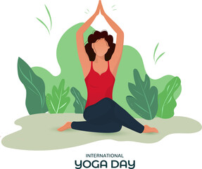 International Yoga Day Poster Design with Faceless Young Woman Doing Yoga Asana on Nature View.