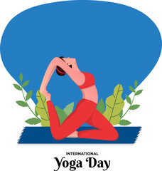 Illustration of Young Woman in Yoga Pose and Leaves for International Yoga Day.