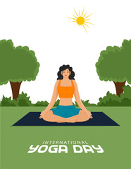 Beautiful Young Woman Meditating in Lotus Pose on Mat and Sunny Nature Background for International Yoga Day Concept.