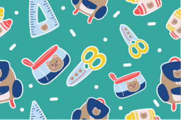 Kawaii Back to school stationery Seamless Pattern Background. Cute Hand drawn Office supply Perfect Kids Apparel Doodle Cartoon Preschool Children Learning Wrapping Textile Graphic Print Vector