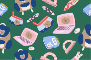 Kawaii Back to school stationery Seamless Pattern Background. Cute Hand drawn Office supply Perfect Kids Apparel Doodle Cartoon Preschool Children Learning Wrapping Textile Graphic Print Vector