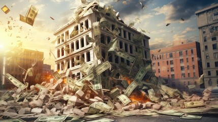 A bank building with bank notes collapsing down. Economic, banking, and fiat money crisis concept. Generative AI - obrazy, fototapety, plakaty