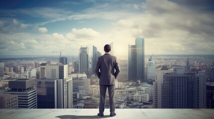 Fototapeta premium A businessman standing on top looking upon the meeting point of sky and city with Skyscrapers. Vision, Success, and Goal. Generative AI