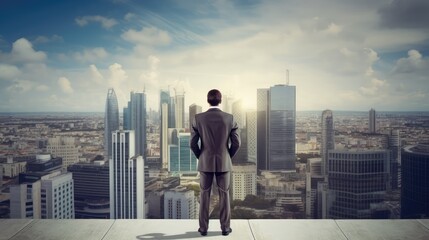 A businessman standing on top looking upon the meeting point of sky and city with Skyscrapers. Vision, Success, and Goal. Generative AI