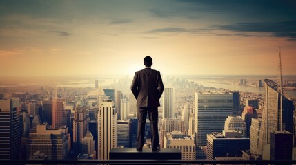 A businessman standing on top looking upon the meeting point of sky and city with Skyscrapers. Vision, Success, and Goal. Generative AI