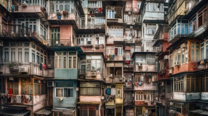 Cramped, Crowded, and Aging Apartments. Concept of Land Shortage, Housing Crisis, and Overpopulation. Generative AI - obrazy, fototapety, plakaty