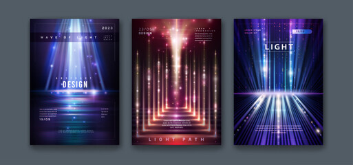 Light effects. Abstract banners. Blurred motion. Bokeh and dark glitter line. Orange and blue flare. Black backgrounds. Magic ray and sparkle. Event flyer. Vector exact posters design set