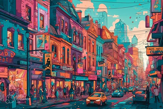 City Exploration: bustling city. and busy street filled with colorful storefronts, bustling cafes, and people immersed in their daily lives.