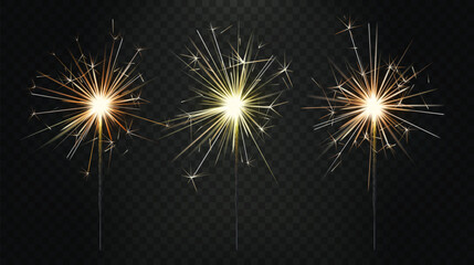 Obraz premium Bengal fire. Realistic sparkler. Birthday candle firework. New Year sparks. Pyrotechnic effect. Christmas celebration light stick. Anniversary party. Vector exact isolated 3D objects set