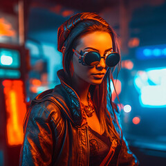 futuristic girl with leather jacket and cool sunglasses in the dark night, fictional person created with generative ai