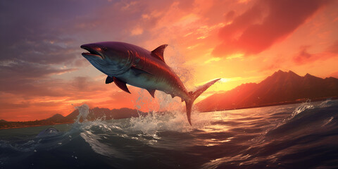 Shark fin goldfish swim in the red sky and green ocean while a shark flips a goldfish.