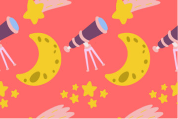 Kawaii Outer Space Seamless Pattern Background. Cute Cosmic Perfect Kids Apparel Doodle Cartoon for Galaxy Exploration Universe Trendy Wrapping Textile Collage Graphic Print Vector Illustration