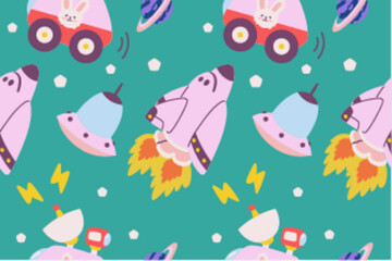 Kawaii Outer Space Seamless Pattern Background. Cute Cosmic Perfect Kids Apparel Doodle Cartoon for Galaxy Exploration Universe Trendy Wrapping Textile Collage Graphic Print Vector Illustration
