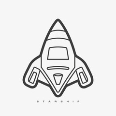 Starship logo. Space satelite retro shuttle moon discovery logotypes of observatory vector badges isolated. Shuttle and satellite, spaceship and rocket adventure illustration