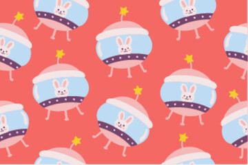 Fototapeta na wymiar Kawaii Outer Space Seamless Pattern Background. Cute Cosmic Perfect Kids Apparel Doodle Cartoon for Galaxy Exploration Universe Trendy Wrapping Textile Collage Graphic Print Vector Illustration