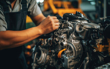 Obraz na płótnie Canvas Automobile mechanic repairman hands repairing a car engine automotive workshop with a wrench, car service and maintenance,Repair service.