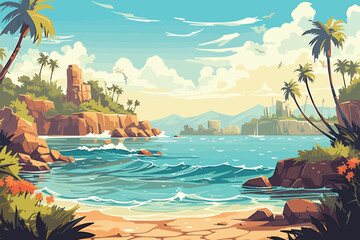 The tropical landscape of coast beautiful sea shore beach on good sunny day flat vector art illustration background generative ai