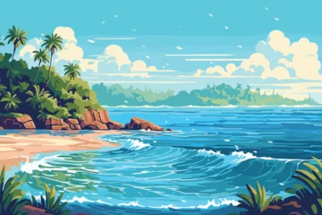 Gardinen The tropical landscape of coast beautiful sea shore beach on good sunny day flat vector art illustration background © Amir