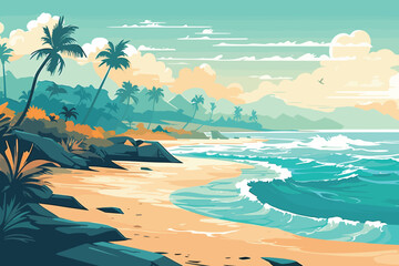 The tropical landscape of coast beautiful sea shore beach on good sunny day flat vector art illustration background generative ai