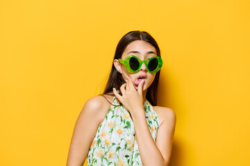 beautiful woman emotion caucasian young sunglasses happy yellow stylish fashion style